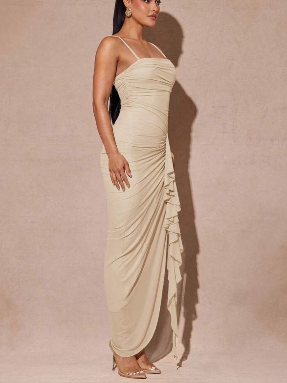 Apricot  Ruched Sheath Dress with Side Ruffle - Picture 5 of 7